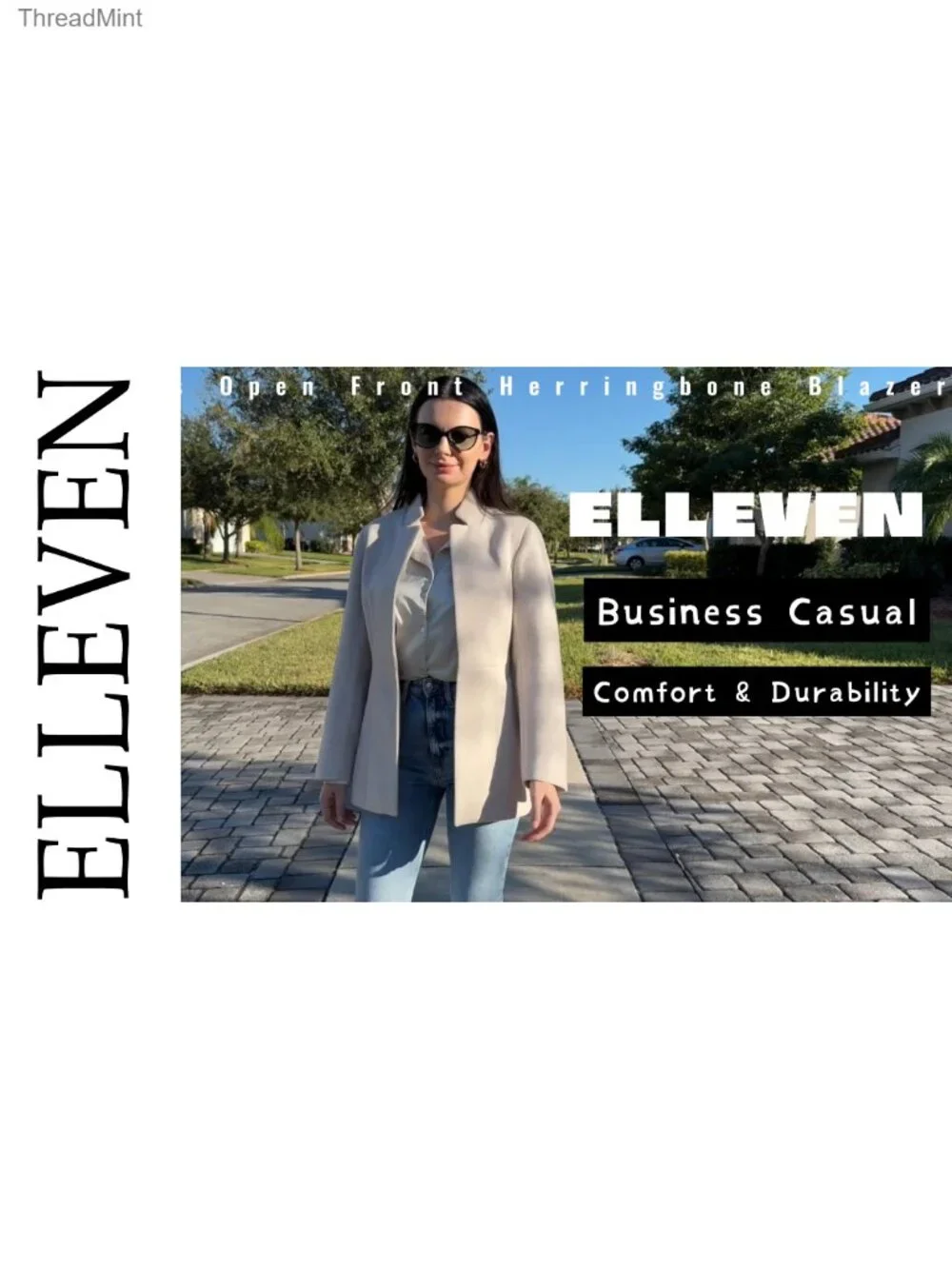 Women's Open Front Herringbone Blazer Long Sleeve Full Lining Padded Shoulders
